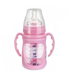 شیشه شیر پیرکس دسته دار 360 درجه صورتی بی بی سیل Babisil Glass Feeding Bottle