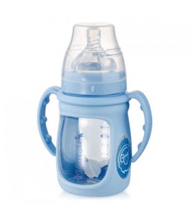 شیشه شیر پیرکس دسته دار 360 درجه آبی بی بی سیل Babisil Glass Feeding Bottle