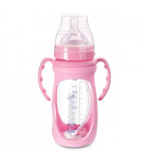 شیشه شیر پیرکس دسته دار 360 درجه صورتی بی بی سیل Babisil Glass Feeding Bottle