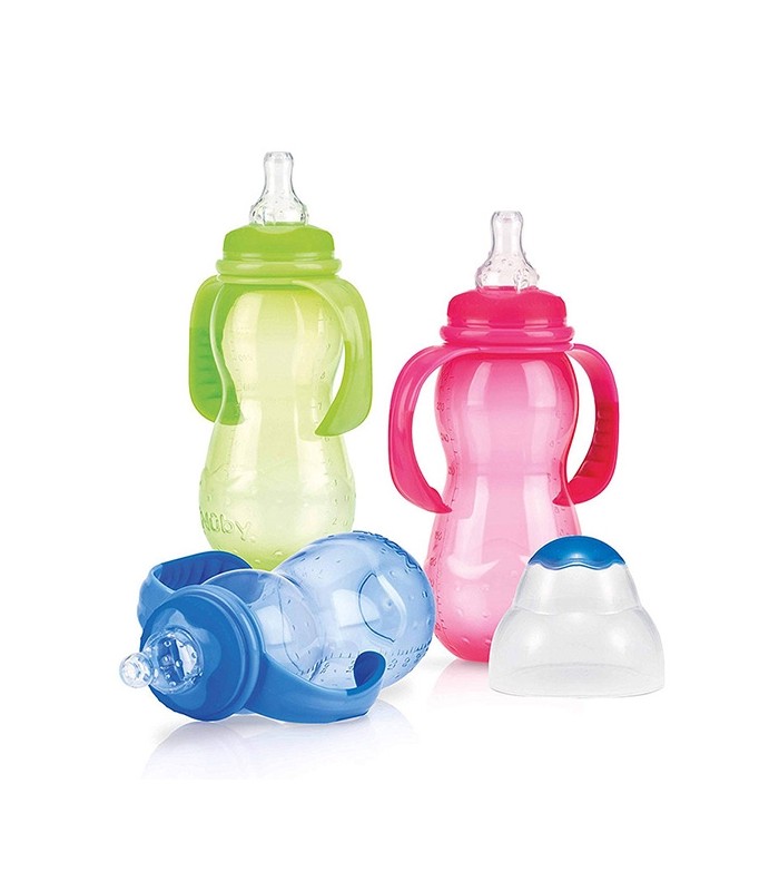 شیشه شیر نوزاد-شیشه شیر کمر باریک دسته دار ضد چکه 300 میلی Nuby-فروشگاه کودکو