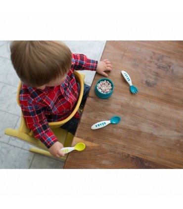 ست 2 عددی قاشق چنگال رده سنی2 Beaba 2nd Stage Ergonomic Baby Cutlery Peacock