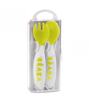 ست 2 عددی قاشق چنگال رده سنی2 Beaba 2nd Stage Ergonomic Baby Cutlery Neon