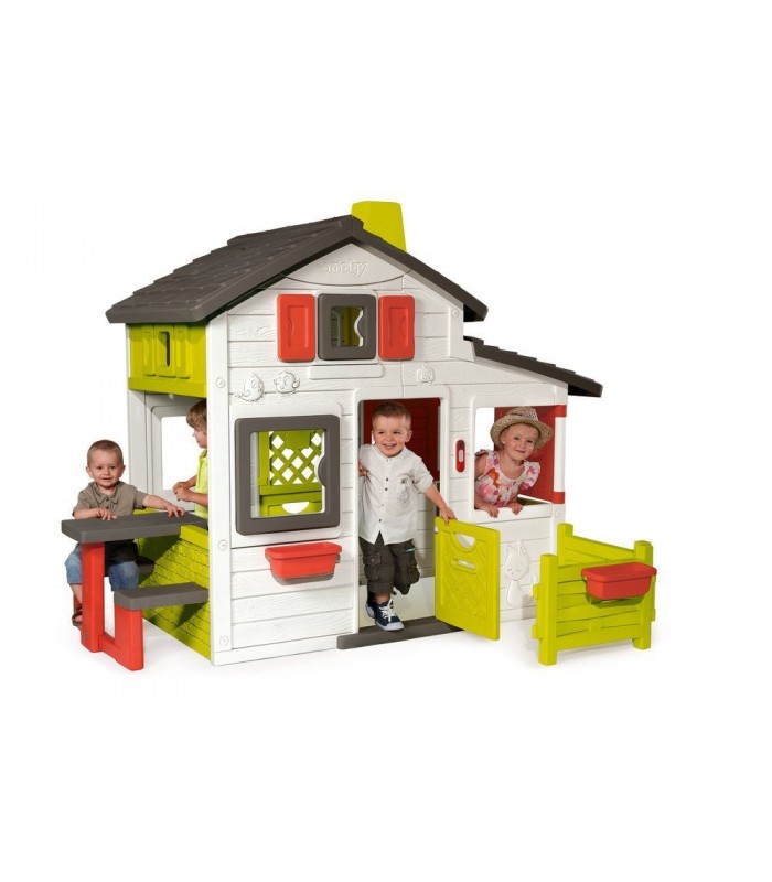 اسباب بازی و سرگرمی-كلبه دوبلکس با میز و صندلی و زنگ رنگ سفید و طوسی و سبز Smoby-فروشگاه کودکو
